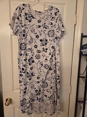 LuLaRoe White Dress with Navy Floral Print High-Low Hem